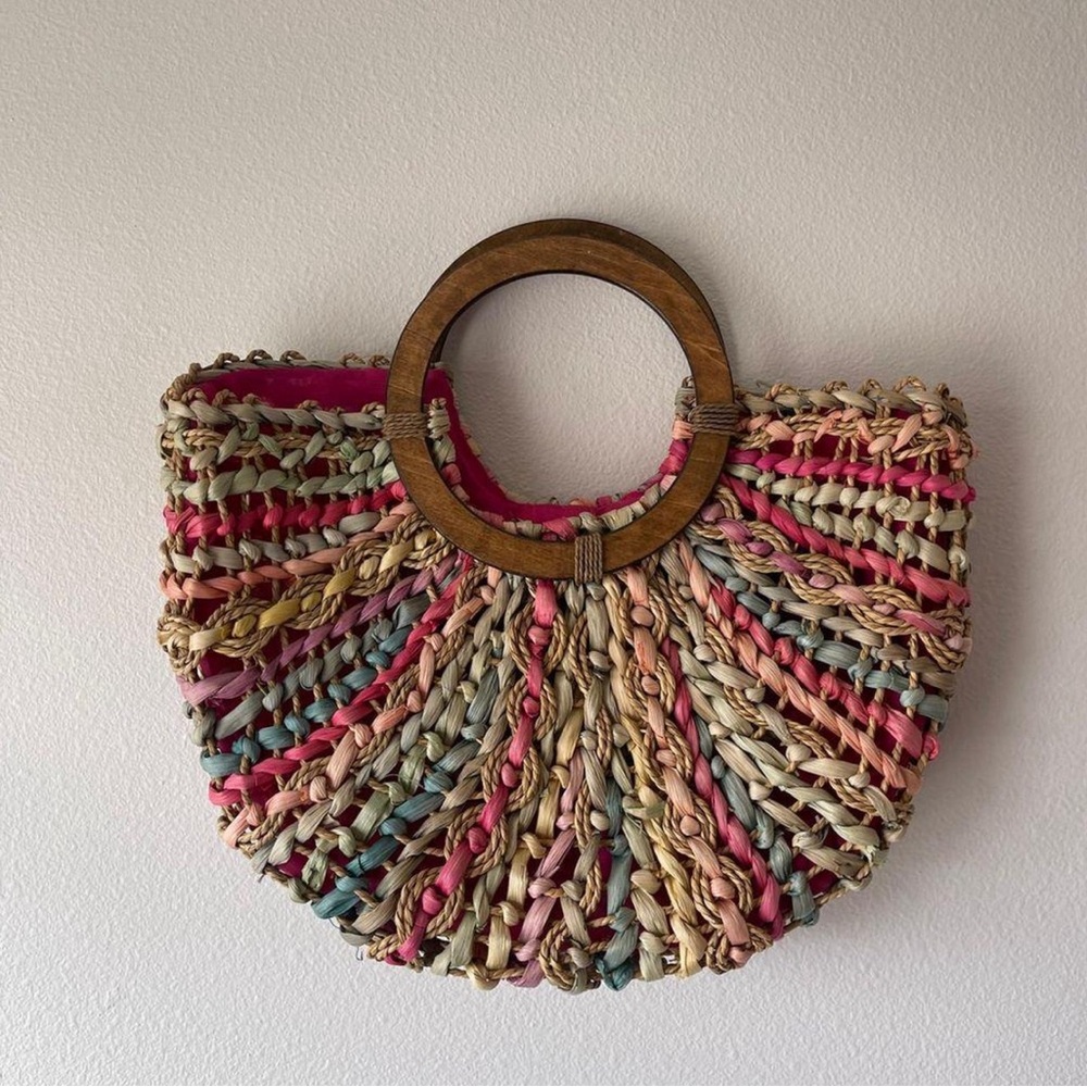 Boho Multi-Colored Straw Bag With Wooden Handle #festivalvibes